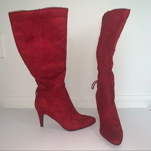 Mid calf red heeled boots